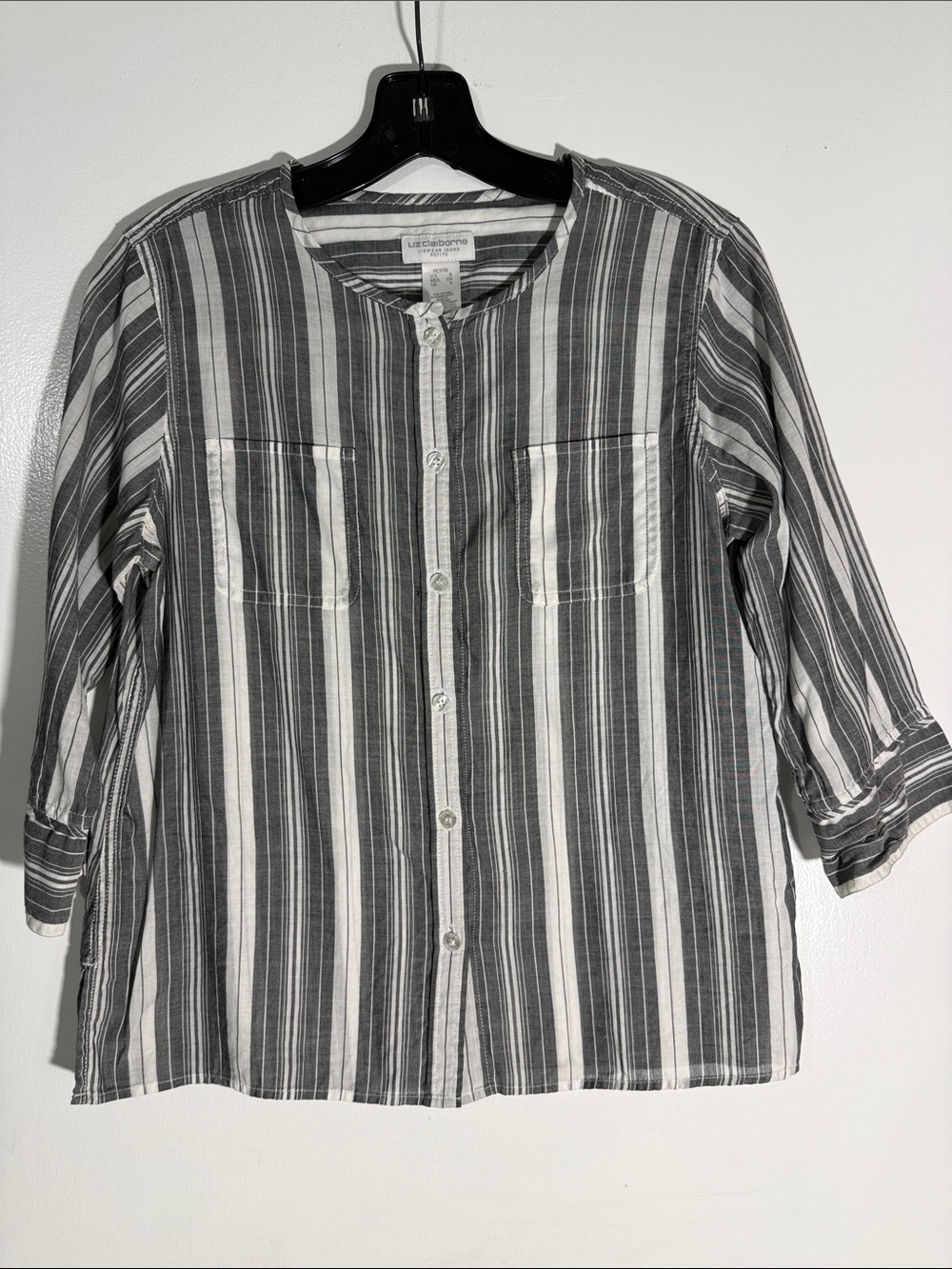Liz Claiborne Black and White Vertical Stripe Button-Up Blouse P S